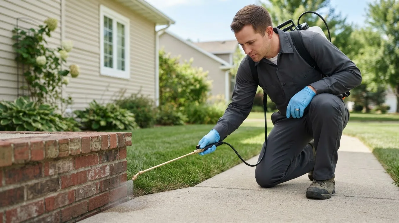 Pest control technician treating a home near Breeding, KY