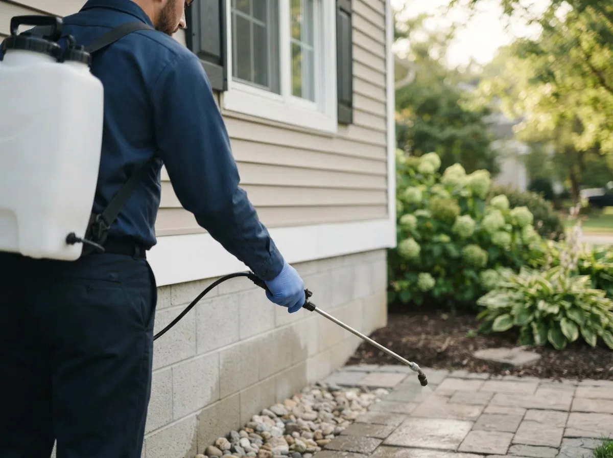 Pest control technician inspecting a home in Breeding, KY